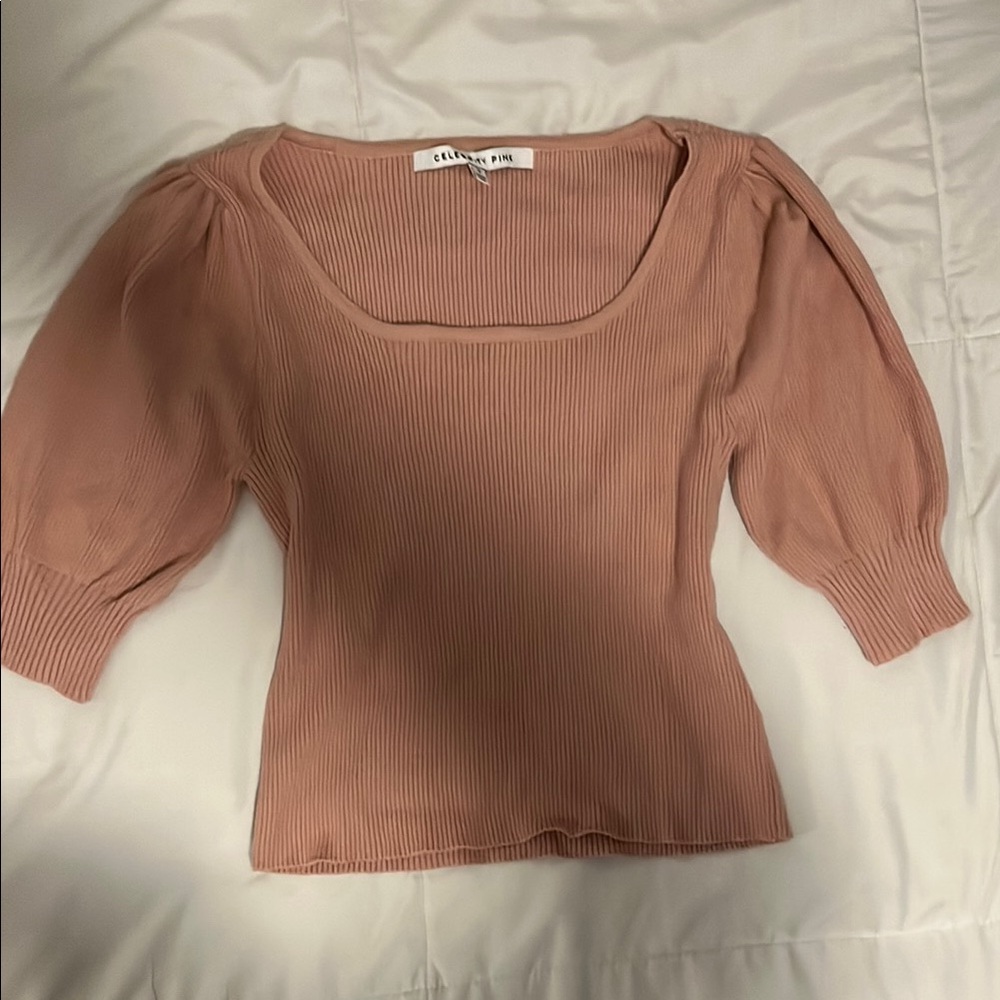 Celebrity Pink Fitted Ribbed Blouse with Puff Sleeves